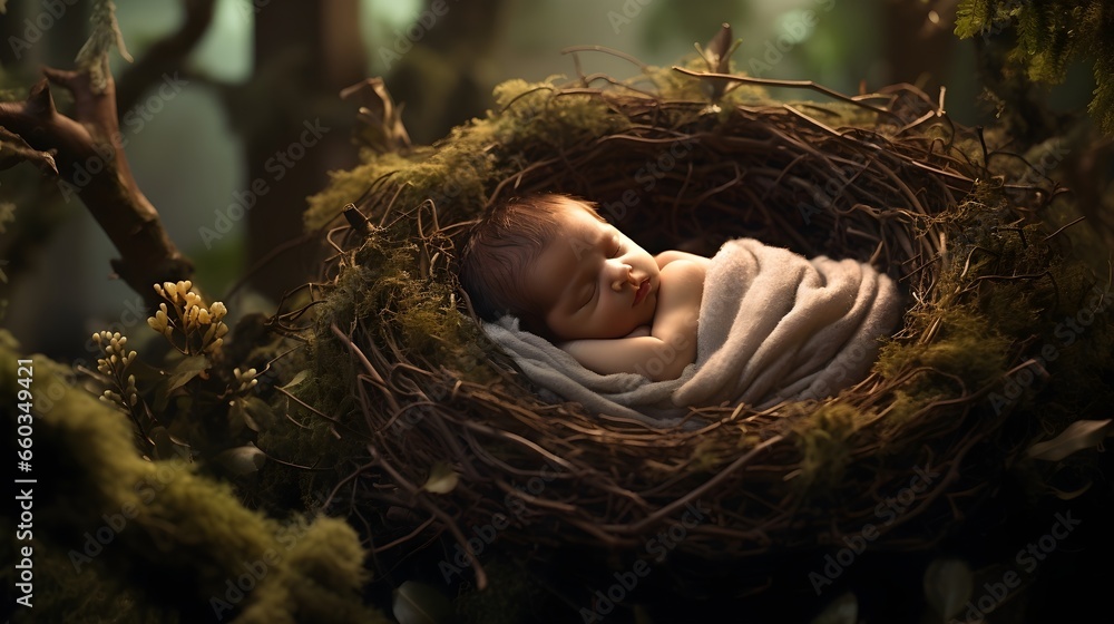 A cute baby sleeping in a bird nest
