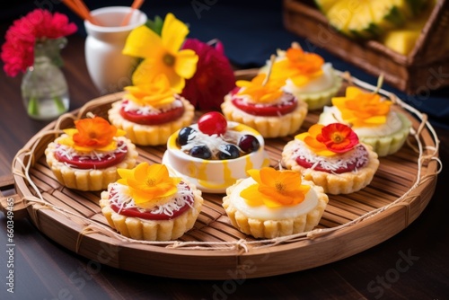 a set of tropical fruit tarts on a tray