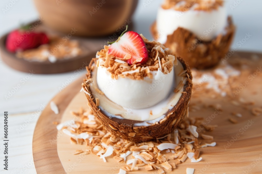 granola and greek yogurt parfait in a coconut shell granola and greek yogurt parfait in a coconut shell
