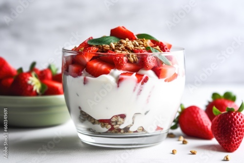 basil and strawberry greek yogurt parfait in a bowl