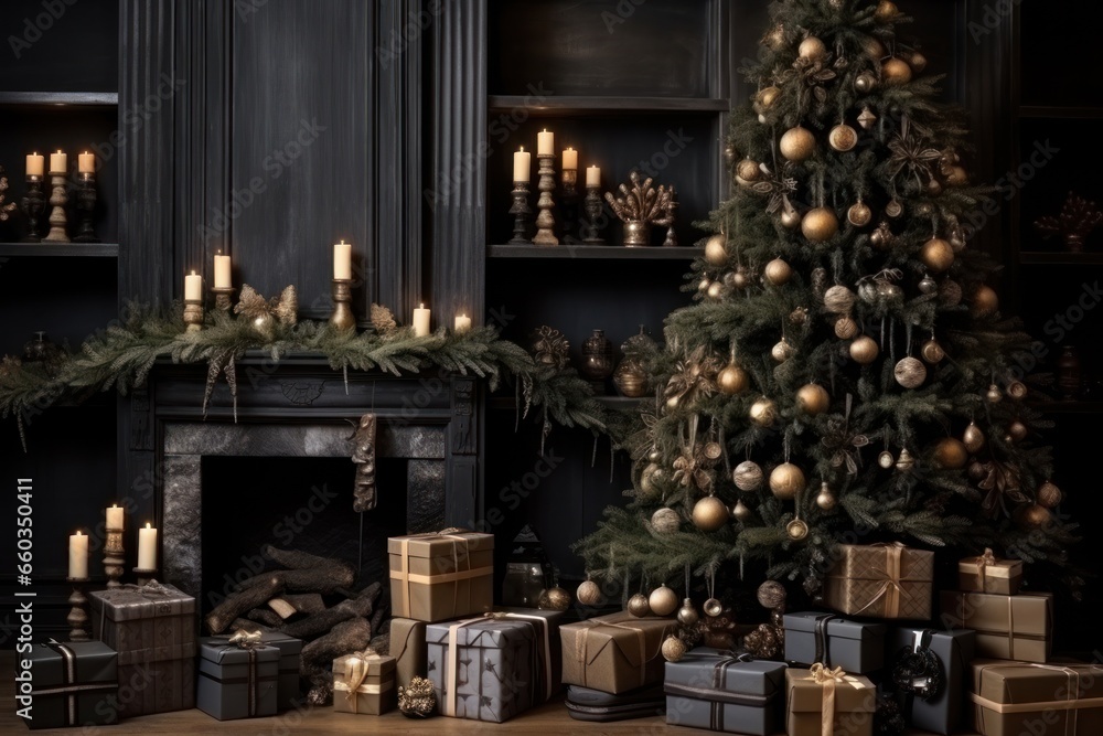 Christmas and New Year holidays background. Christmas tree with presents, bokeh. Christmas and New Year holidays background. Christmas tree with presents, bokeh.