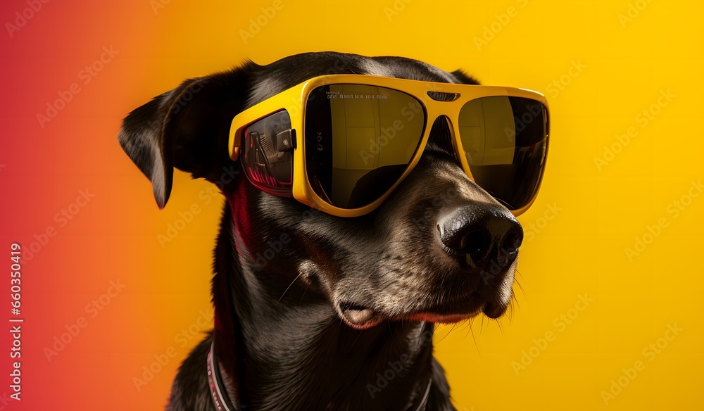 Dog wearing sunglasses and background on yellow, pop culture, hyperrealist precision, yellow and pink, emotive faces, 1970–present