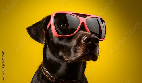 Dog wearing sunglasses and background on yellow, pop culture, hyperrealist precision, yellow and pink, emotive faces, 1970–present © MuhammadHamad