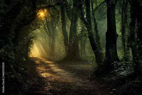 A foggy path through a rural forest clearing  illuminated by mystical lights. Generative AI