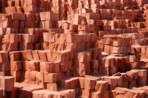 Detailed view of crimson clay blocks for constructing walls. Generative AI