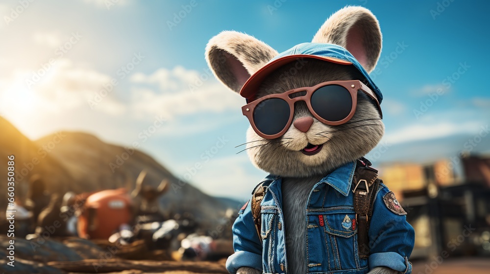 Cartoon bunny wearing denim overalls and big rig peterbuilt bus driver hat in background, rubber bunny shades, cute, colorful - obrazy, fototapety, plakaty 
