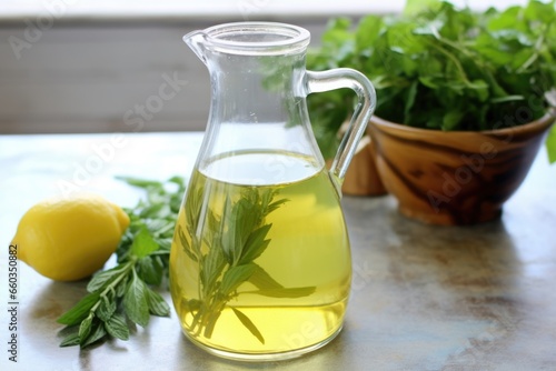 a shot of lemon balm iced herbal tea in a glass jug