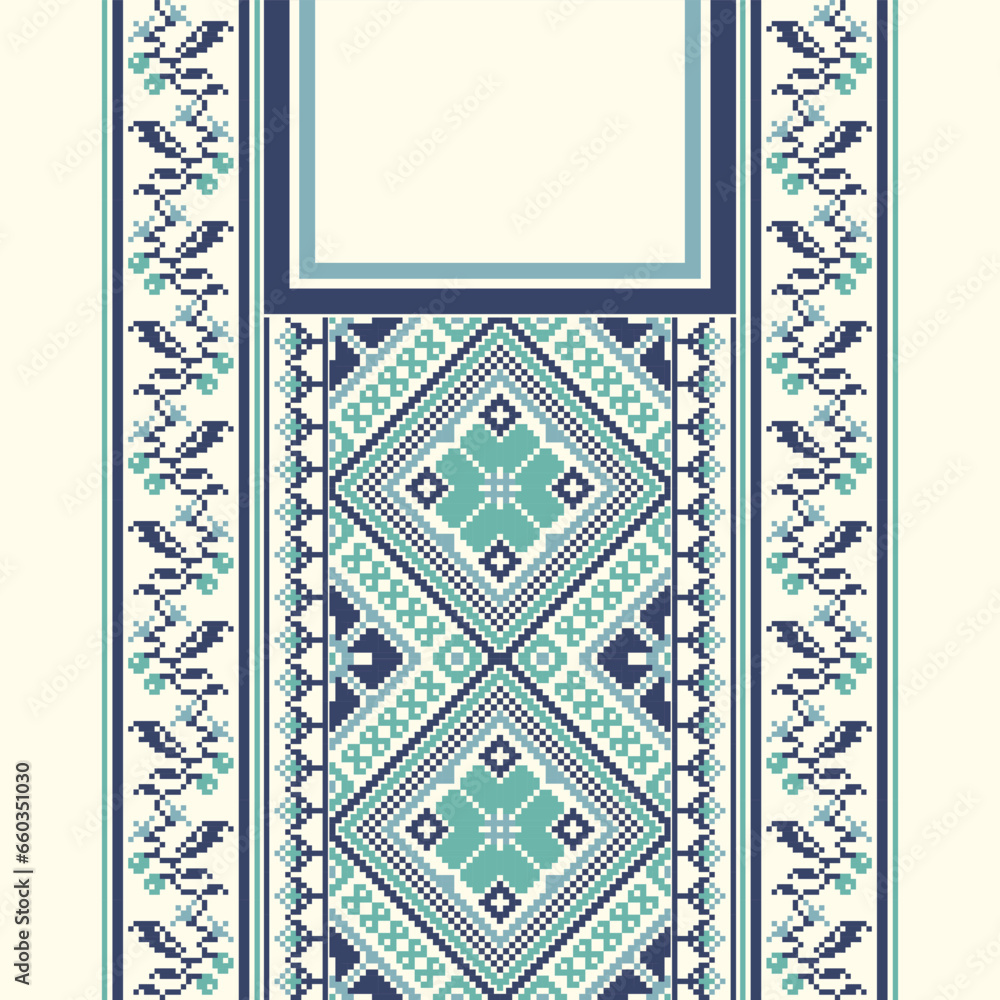 Obraz premium floral embroidery neckline background. ikat and cross stitch geometric seamless pattern ethnic oriental traditional. Aztec style illustration design for carpet, wallpaper, clothing, wrapping, batik.