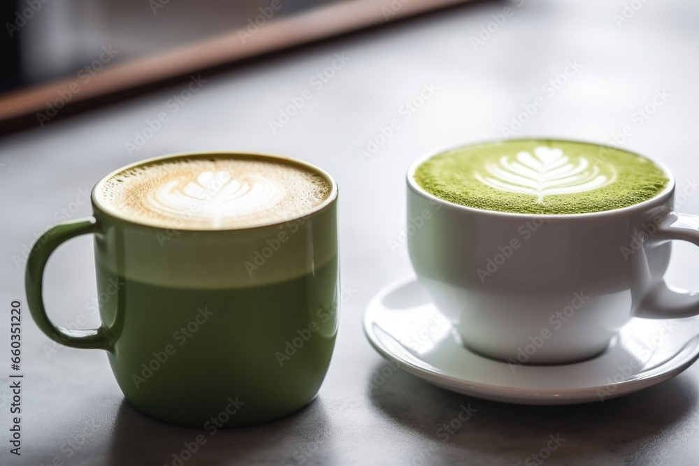 two different lattes: one matcha, one coffee, in white cups two different lattes: one matcha, one coffee, in white cups