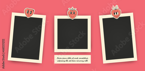 Set of instant photo frame mockups with shadows. Photo album template. Empty image for memory. Blank realistic postcard. Isolated on pink background. Valentine day design. Groovy heart stickers