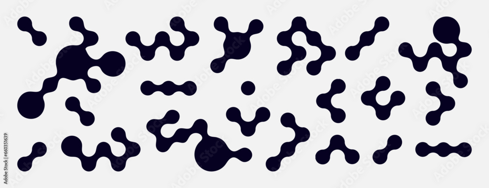 Abstract figures. Black silhouettes. Minimal circles and lines. Metaballs structure. Geometric icons. Contemporary brutalism art. Molecule chain. Chemistry chain. Y2k collection. Vector graphic set