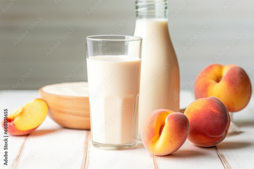 peach milkshake next to a bowl of fresh peaches peach milkshake next to a bowl of fresh peaches