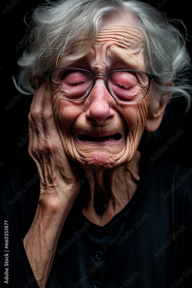 old grandmother is sad and crying. Generative AI. old grandmother is sad and crying. Generative AI.