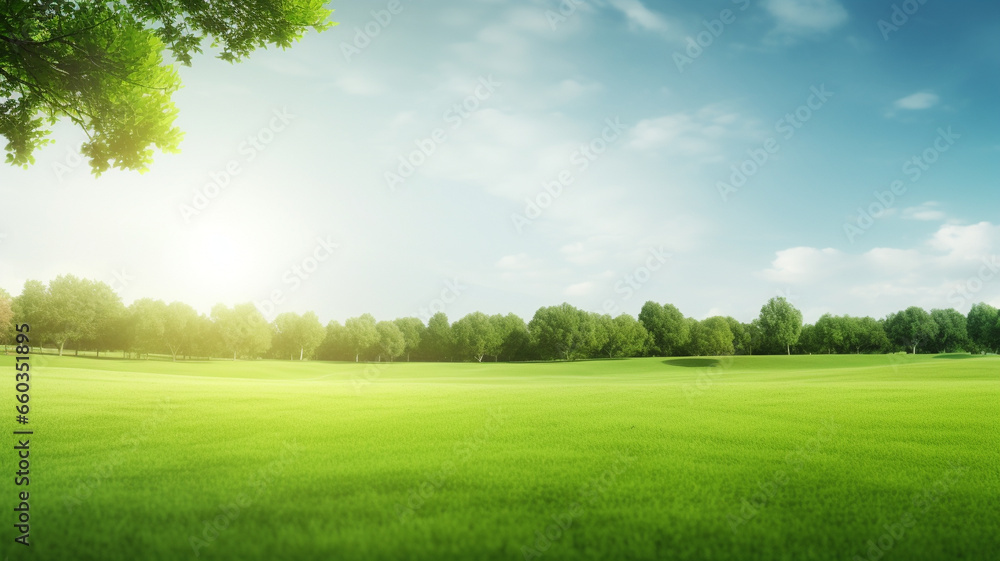 Green lawn and trees background with copyspace. Nature background concept. Generative AI - obrazy, fototapety, plakaty 