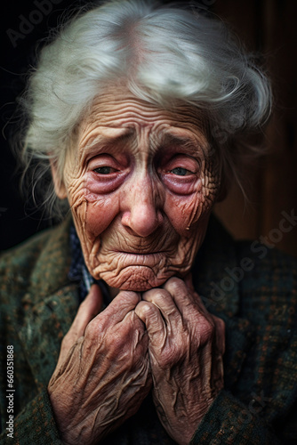 old grandmother is sad and crying. Generative AI.