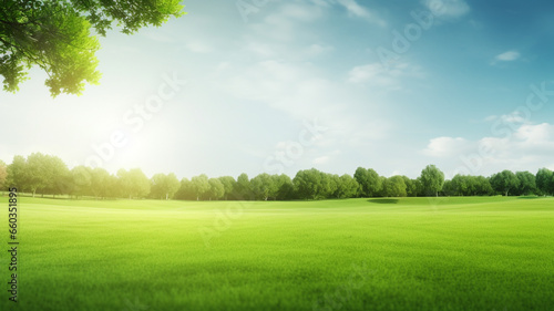 Green lawn and trees background with copyspace. Nature background concept. Generative AI photo