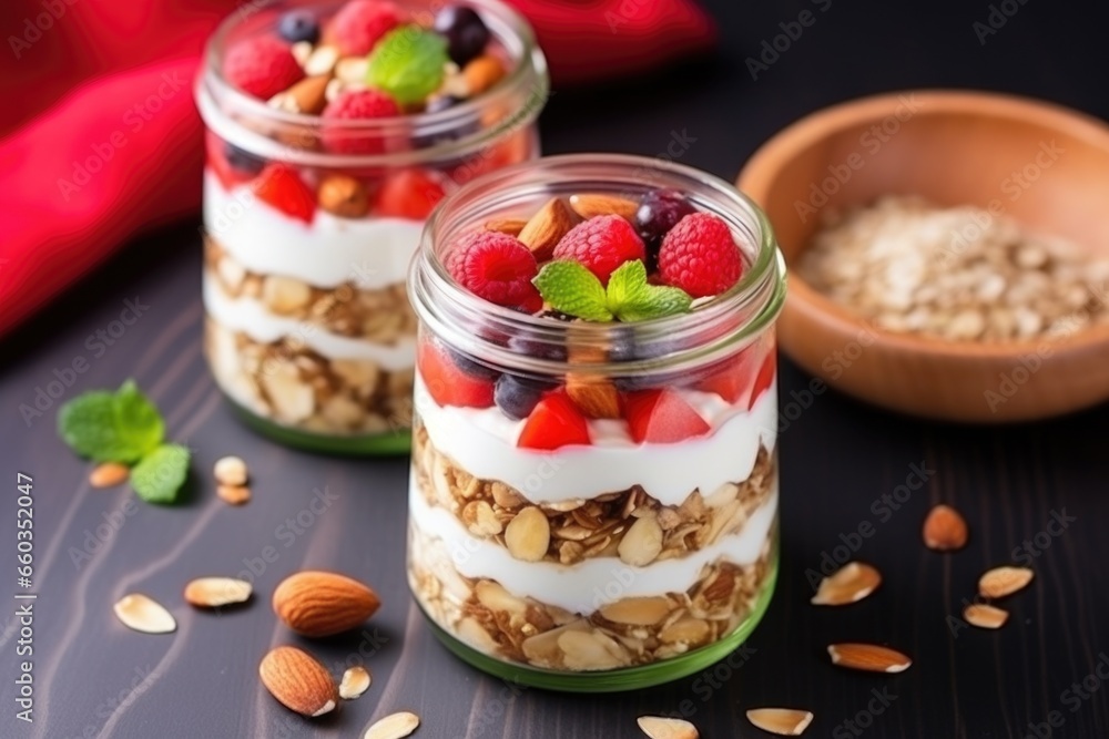 top view of muesli layered with fruits and nuts top view of muesli layered with fruits and nuts