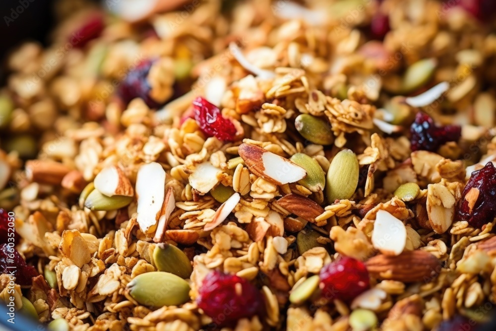 close up shot of muesli mix with cranberries close up shot of muesli mix with cranberries