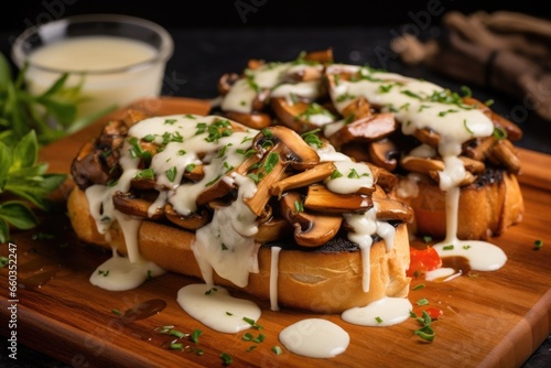 mushroom bruschetta topped with melted cheese © altitudevisual