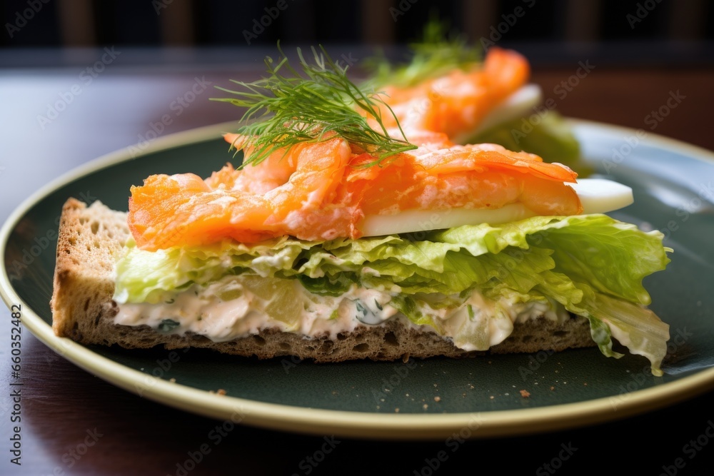 sourdough slice with shrimp, mayonnaise and fresh lettuce leaves sourdough slice with shrimp, mayonnaise and fresh lettuce leaves