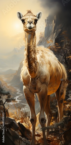 A camel standing on top of a hill  looking directly at the camera with a serene expression. 