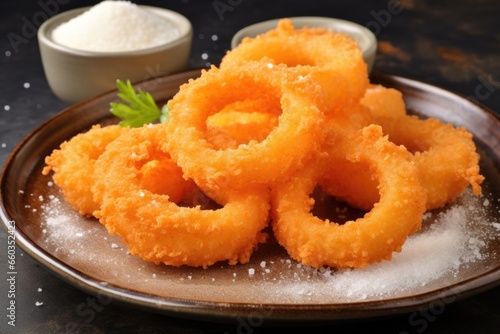 onion rings dusted with fine salt on a ceramic plate