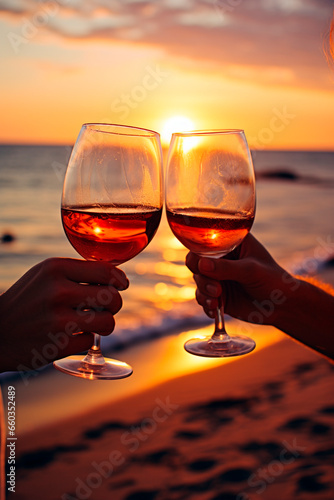 Lovers with glasses of wine on the beach. Generative AI.