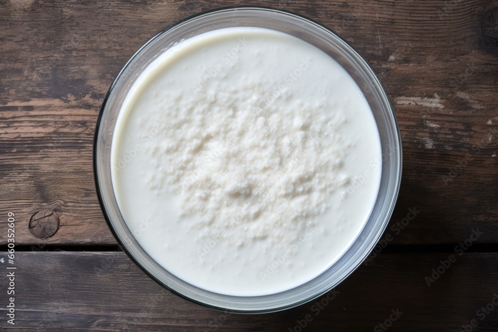 overhead shot of milk-based porridge in a bowl