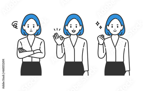 悩み･解決･ガッツポーズをするビジネスパーソン女性のセット【人物ベクターイラスト素材】