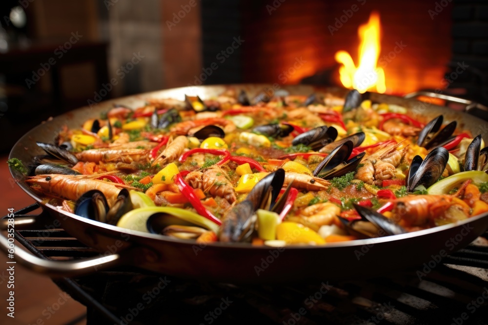paella pan with significant amount of leftovers, shot at an angle