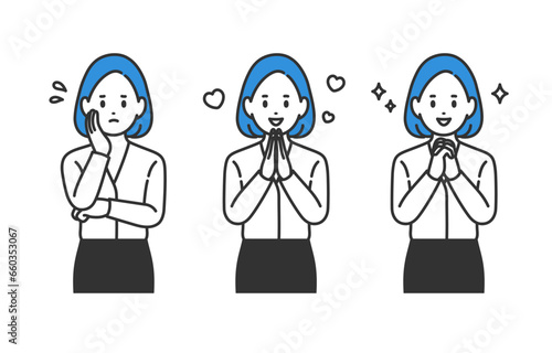 悩み･よろこび･期待のポーズをするビジネスパーソン女性のセット【人物ベクターイラスト素材】