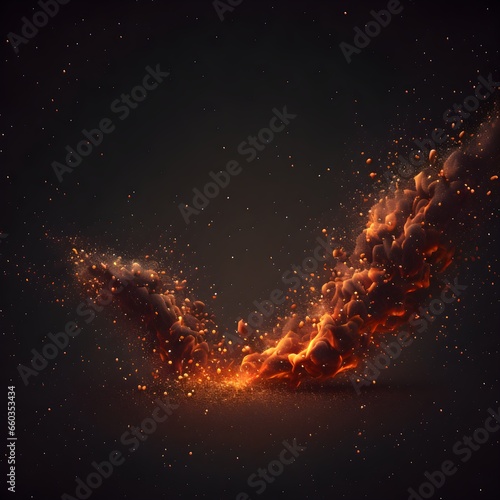 Burning embers glowing flying away particles over black background  © Denice
