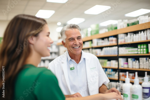 Pharmacist and client at pharmacy  smiling