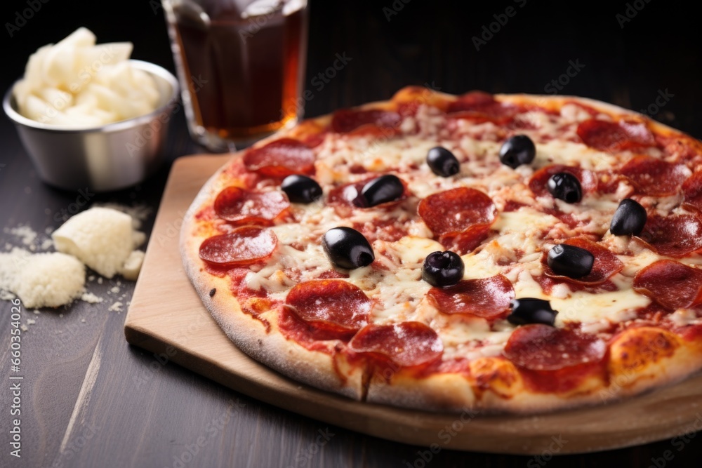 a full pepperoni pizza next to a bottle of soda a full pepperoni pizza next to a bottle of soda
