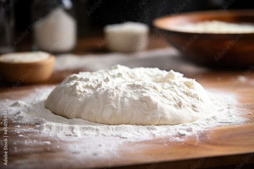 pizza dough being stretched on a floured surface