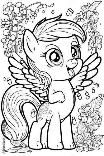 cute my little pony singing coloring book page black outline in white background 