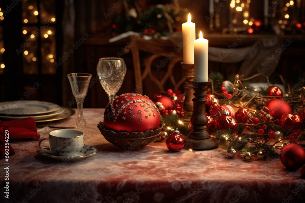Detail of table profusely decorated with Christmas decorations, candles, glasses and lights