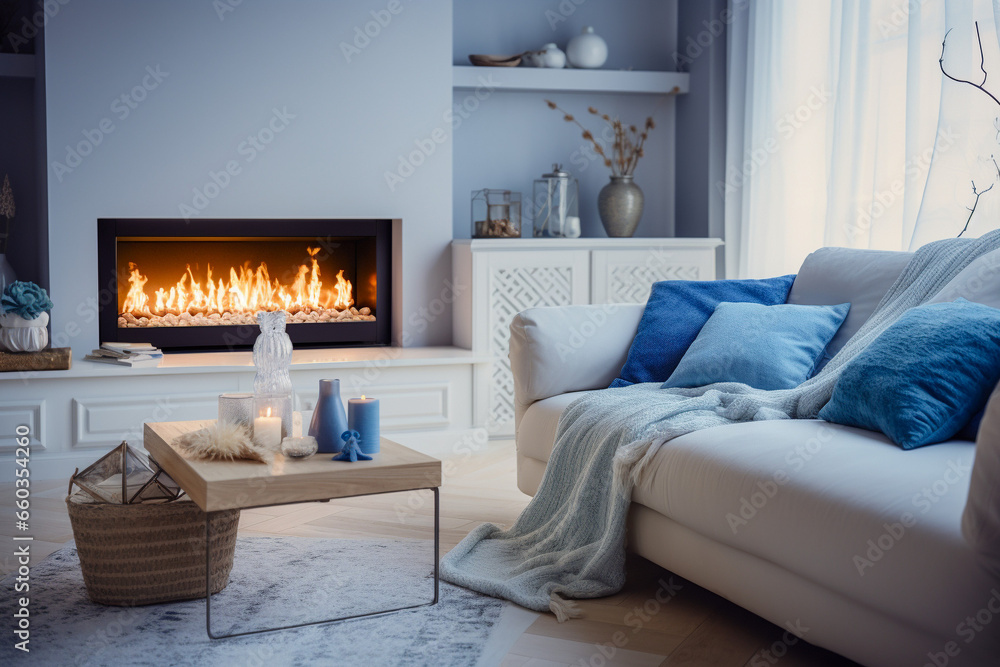 Modern living room with fireplace. Cozy interior design with blue, white and beige colors Modern living room with fireplace. Cozy interior design with blue, white and beige colors