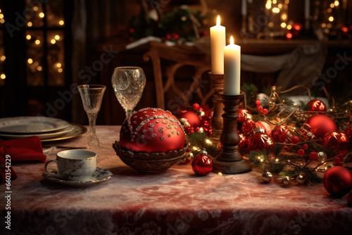 Detail of table profusely decorated with Christmas decorations  candles  glasses and lights
