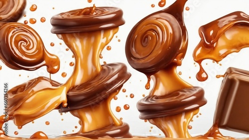 Sweet melted caramel, liquid caramel sauce splash with toffee candies, Generated with AI