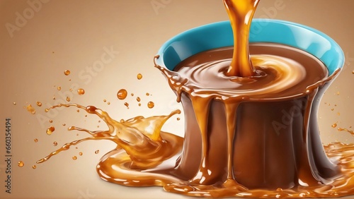 Melted caramel splash, 3D, photorealistic, studio shot, falling caramel, delicious, masterpiece, solid background, soft shadows