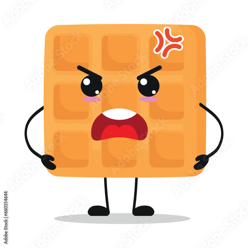 Cute angry waffle cartoon. Funny mad food cartoon emoticon in flat style. closet vector illustration