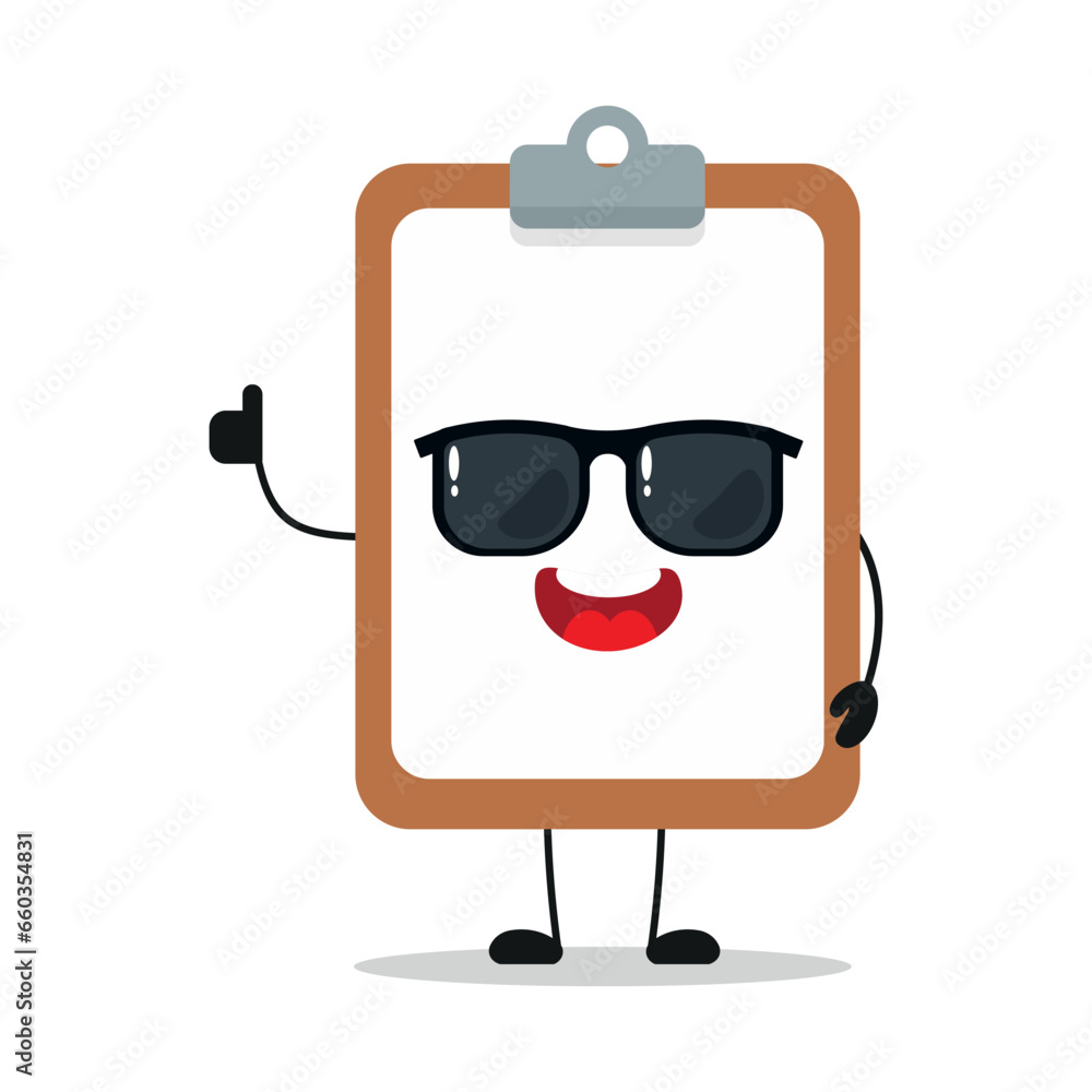 Cute happy clipboard character wear sunglasses. Funny notepad greet friend cartoon emoticon in flat style. closet vector illustration