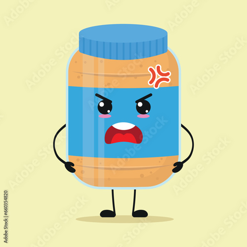 Cute angry peanut butter cartoon. Funny mad food cartoon emoticon in flat style. closet vector illustration