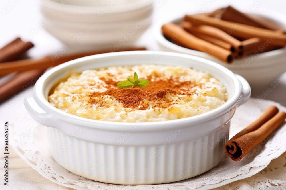 a half-eaten rice pudding in a white dish a half-eaten rice pudding in a white dish