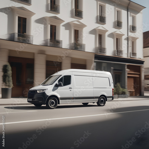 Side view of a commercial van standing driving through the city. Van run fast on city highway to deliver the goods. Product delivery and logistics. © 360VP