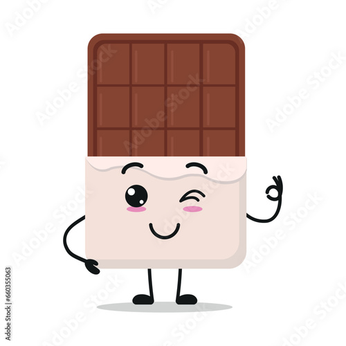 Cute happy chocolate bar character. Funny smiling and wink sweet cartoon emoticon in flat style. closet vector illustration