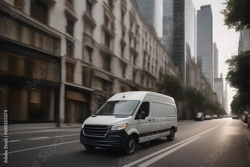 Side view of a commercial van standing driving through the city. Van run fast on city highway to deliver the goods. Product delivery and logistics. © 360VP