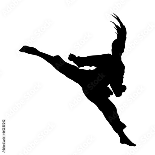 Silhouette of a woman kicking pose. Silhouette of a female martial art in action pose.