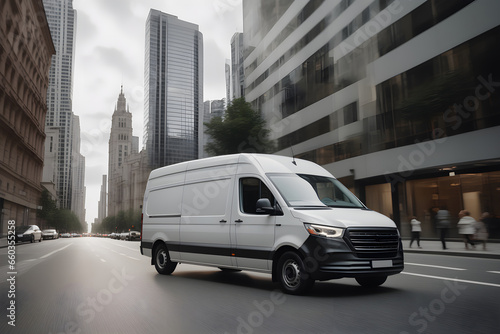 Side view of a commercial van standing driving through the city. Van run fast on city highway to deliver the goods. Product delivery and logistics.